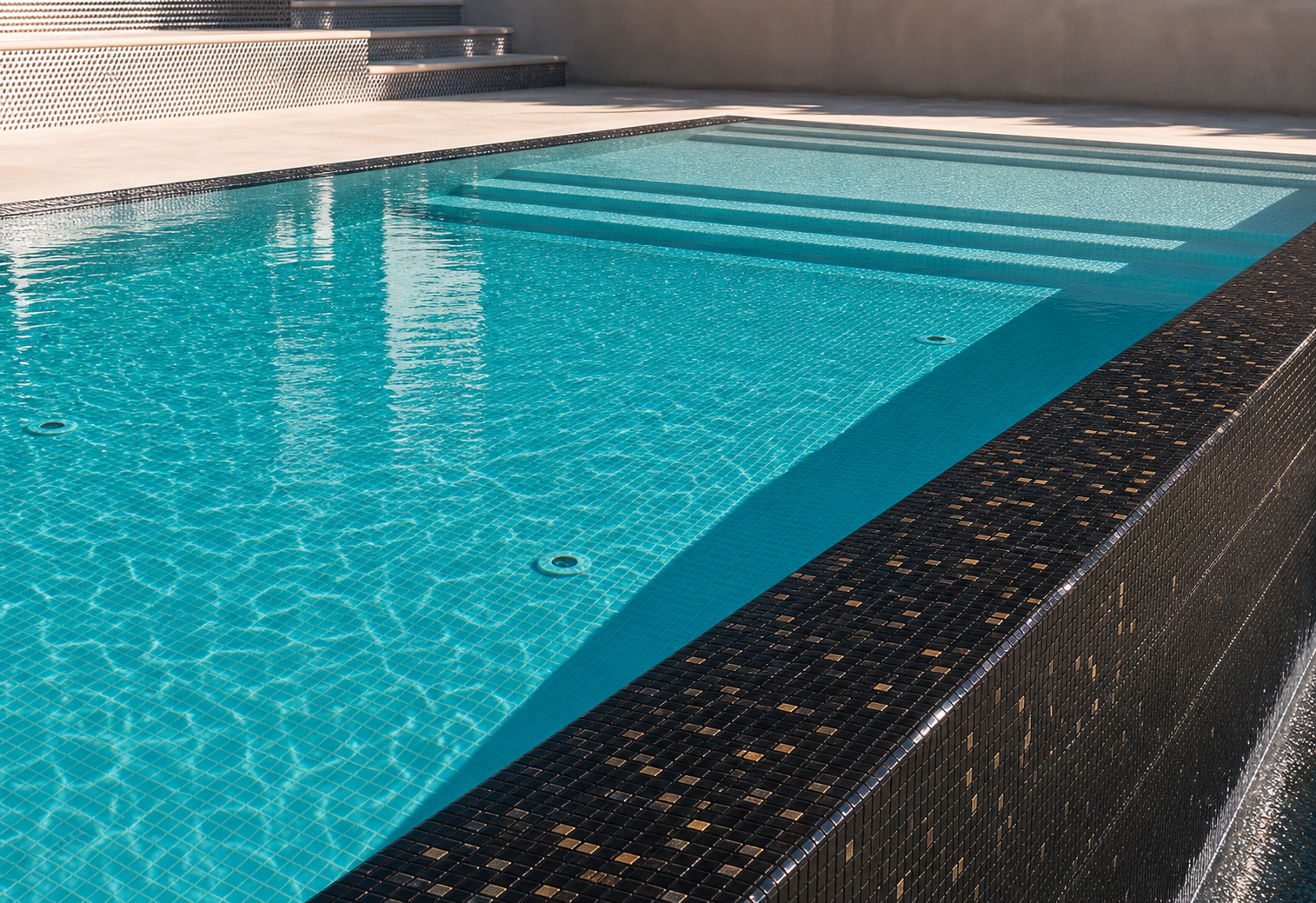 Detalle de piscina terminada con borde mosaico y agua limpia