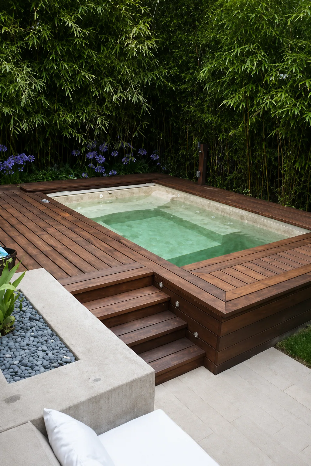 Jacuzzi integrado en una tarima de madera rodeada de vegetación