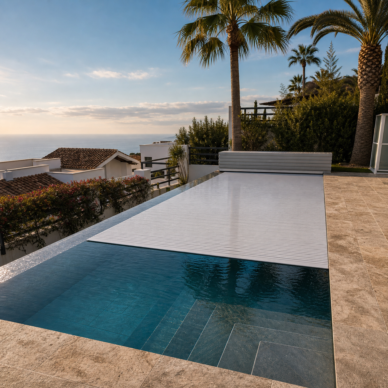 Piscina con cubierta autom&aacute;tica y vistas al mar