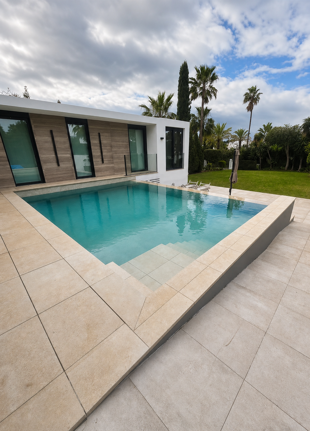 Piscina residencial contempor&aacute;nea con escalera integrada y jardín