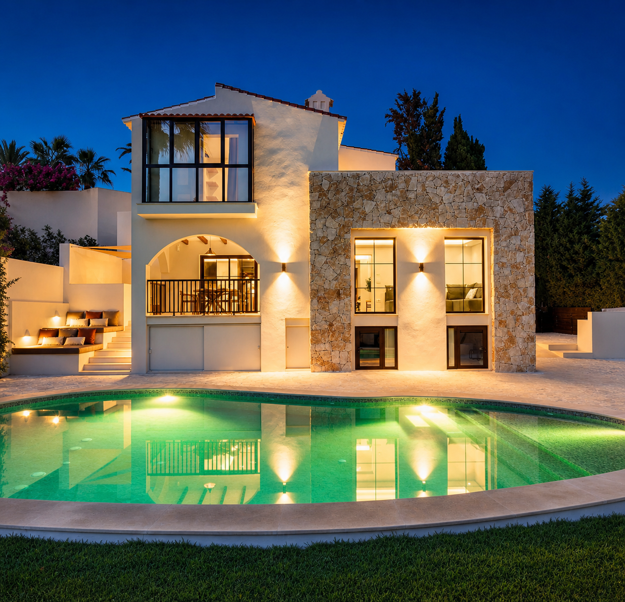 Villa mediterr&aacute;nea con piscina premium iluminada de noche